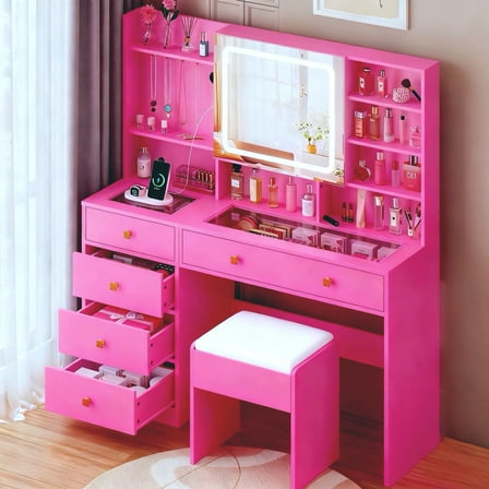 Ktaxon Large 47.2" Makeup Vanity with 3 Color Lights, Dressing Table with USB Charging Station, Pink