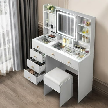 Ktaxon Large 47.2" Makeup Vanity with 3 Color Lights, Vanity Desk with USB Charging Station, Vanity Makeup Table with Visible Drawers, Hidden and Open Storage Shelves, White