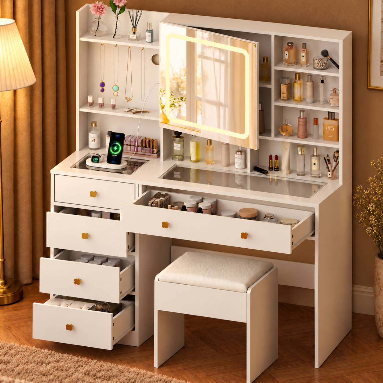 Ktaxon Makeup Vanity 3 Color Lights Desk USB Charging Station Table Visible Drawers Hidden Open Storage Shelves White: What We Checked First