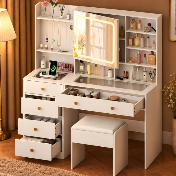 Ktaxon Large 47.2" Makeup Vanity with 3 Color Lights, Vanity Desk with USB Charging Station, Vanity Makeup Table with Visible Drawers, Hidden and Open Storage Shelves, White