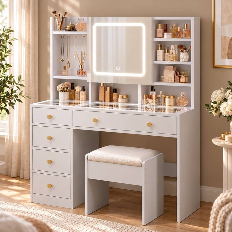 Ktaxon Vanity Desk with Mirror, 3 Color Lights, USB Charging