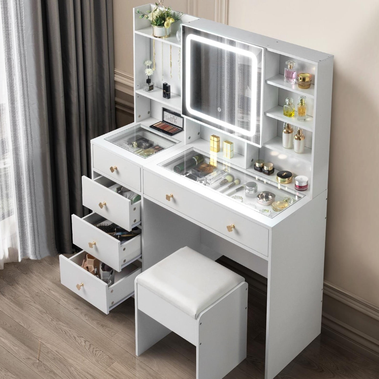 Ktaxon Vanity Desk with Mirror, 3 Color Lights, USB Charging, Visible Drawers, Storage Shelves, White