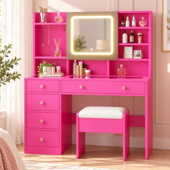 Ktaxon Large 47.2" Makeup Vanity with 3 Color Lights, Dressing Table with USB Charging Station, Pink