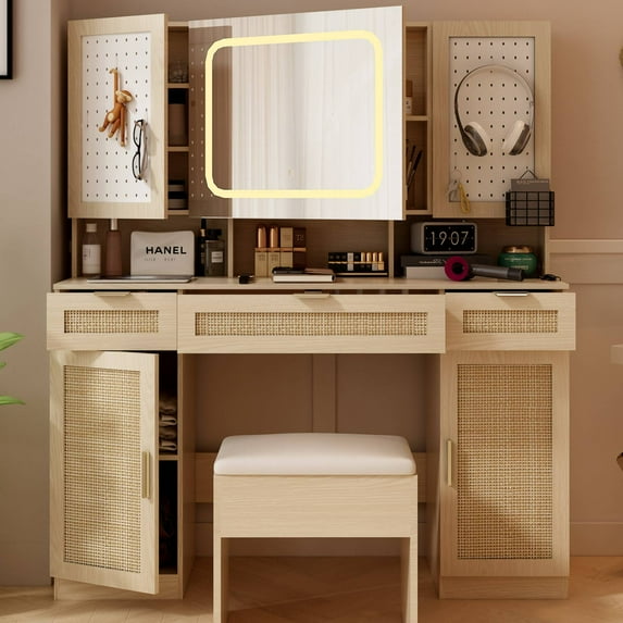 Ktaxon Large 47.24" Lighted Makeup Vanity Table Set with DIY Pegboard Design, 3-Drawer Dressing Table with Charging Station, Bedroom Makeup Table, Natural