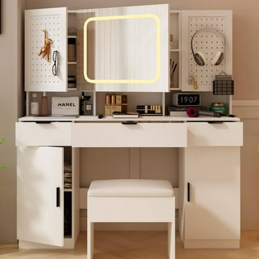 Ktaxon Large 47.24" Lighted Makeup Vanity Table Set with DIY Pegboard Design, 3-Drawer Dressing Table with Charging Station, Bedroom Makeup Table, White