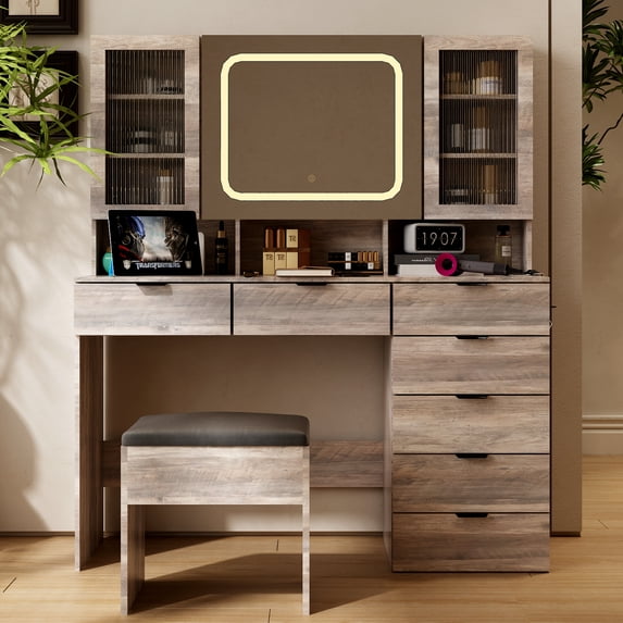 Ktaxon Large 47.24" Makeup Vanity Table Set with Hidden Storage, 7-Drawer Dressing Table, Bedroom Makeup Table, Gray