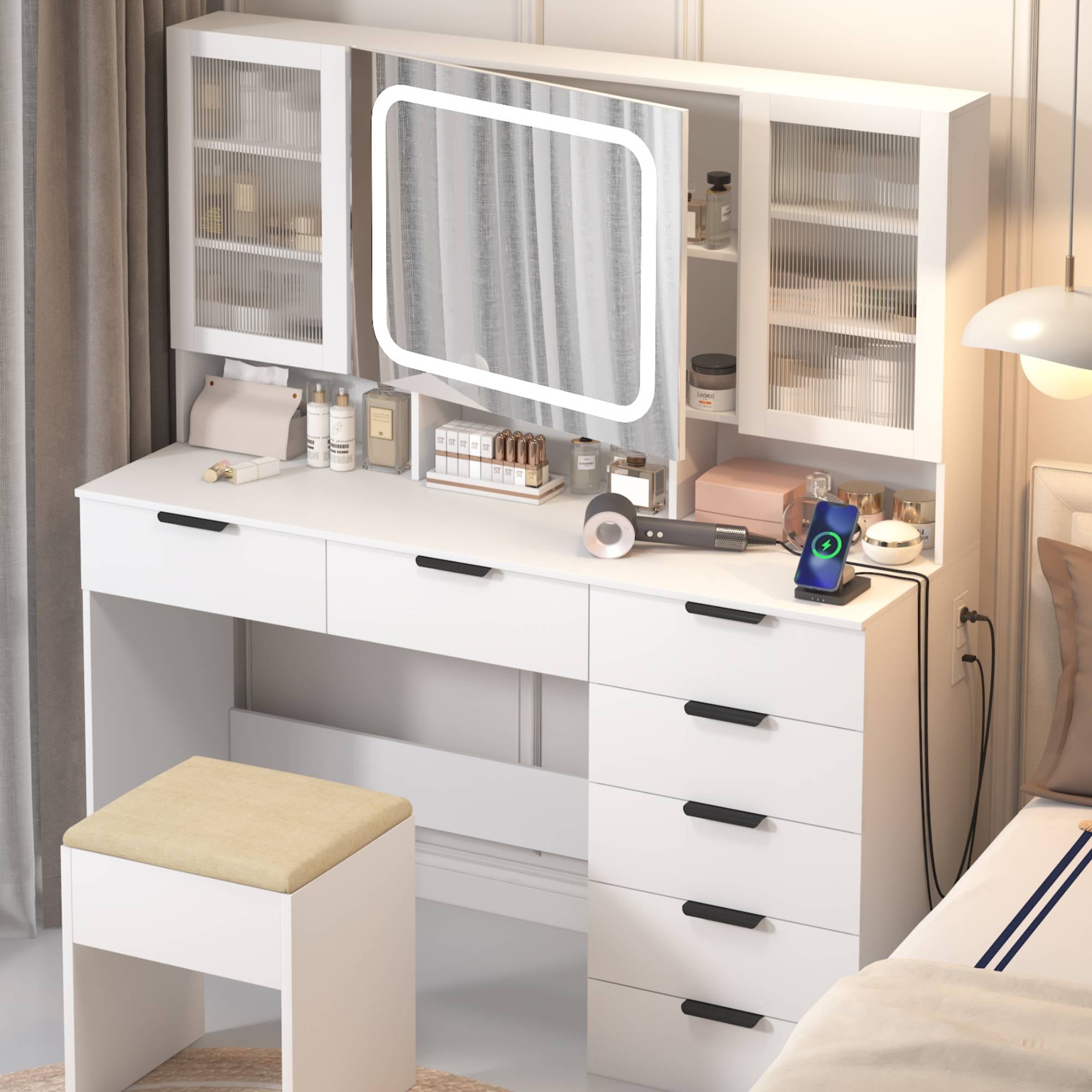 Ktaxon Large 47.24" Makeup Vanity Table Set with Hidden Storage, 7-Drawer  Dressing Table, Bedroom Makeup Table, White - Walmart.com