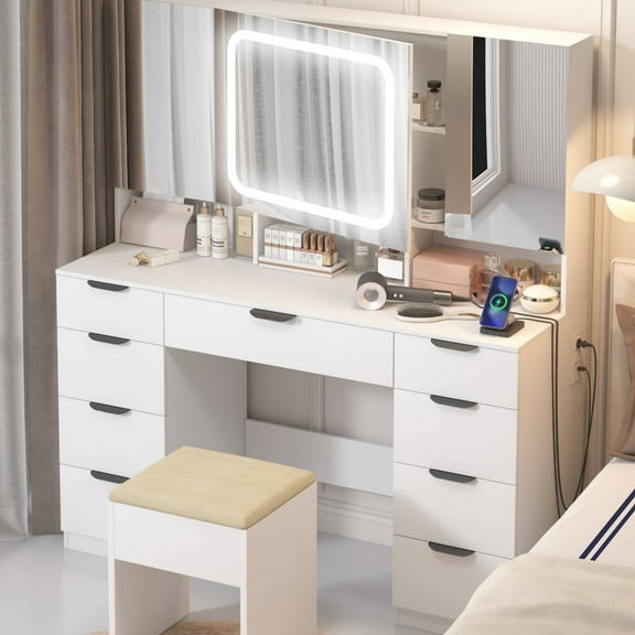 Ktaxon Large 47.24" Makeup Vanity Table Set with Hidden Storage, 9-Drawer Dressing Table, Bedroom Makeup Table, White