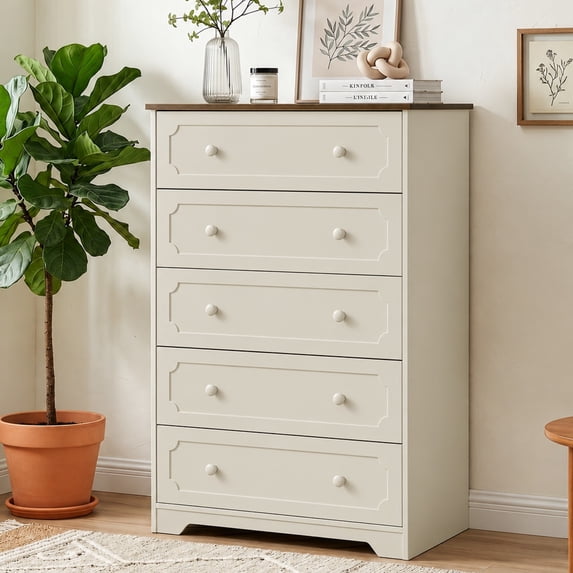 Ktaxon Large 5 Drawer Dresser Solid Wood Chest of Drawers with Soft Close Slides Storage Cabinet for Bedroom Living Room Entryway Brown & Gray