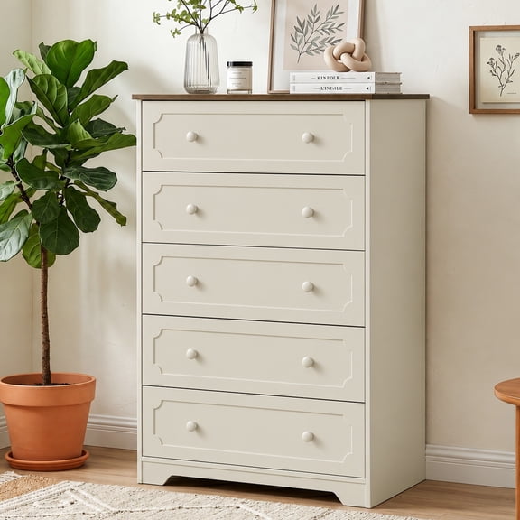Ktaxon Large 5 Drawer Dresser Solid Wood Chest of Drawers with Soft Close Slides Storage Cabinet for Bedroom Living Room Entryway Brown & Gray