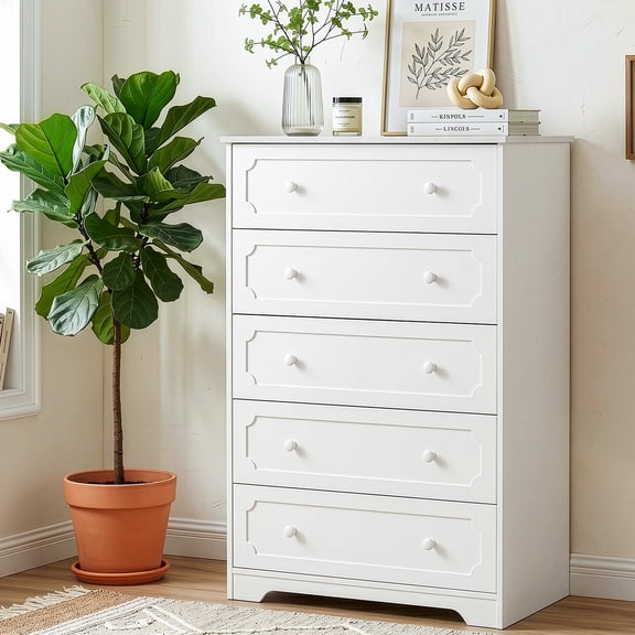 Ktaxon Large 5 Drawer Dresser Solid Wood Chest of Drawers with Soft Close Slides Storage Cabinet for Bedroom Living Room Entryway White