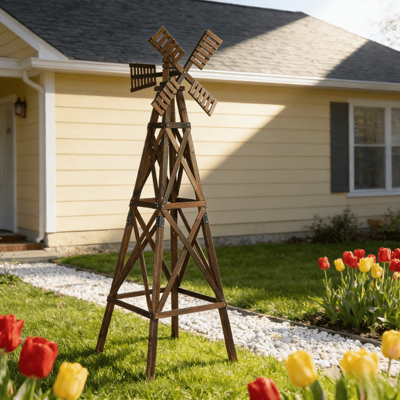 Ktaxon Large 7ft Wooden Windmill 2-Tier Cross Lattice Garden Decor for Yard, Carbonized Wood, Dark Brown