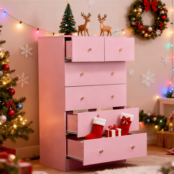 Ktaxon Large 6 Drawers Dresser Chests for Bedroom, Wood Chset of Drawers,Dressers Organizer for Bedroom, Living Room,Hallway, Pink