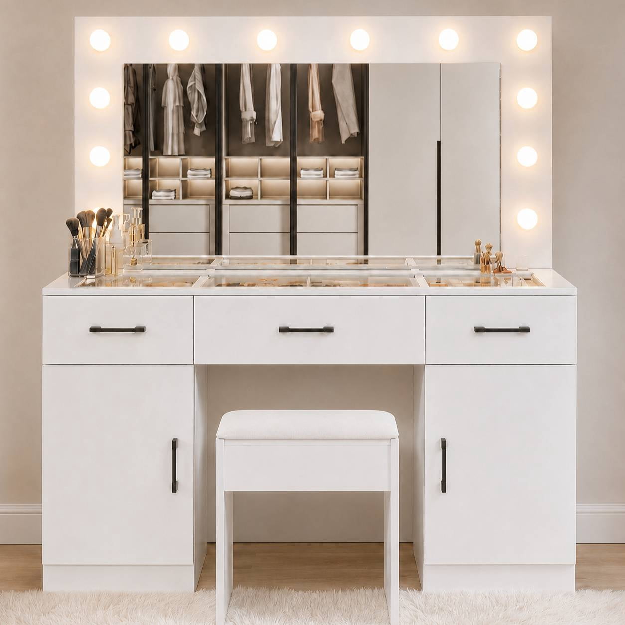 Ktaxon Large Makeup Vanity, Get Ready with Me GRWM Vanity Table Set w/ Visible Glass Top w/ Charging Station,White