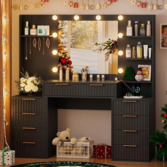 Ktaxon Large Makeup Vanity with 9 Drawers, Flutted Vanity Table Set with Lighted Mirror, Get Ready with Me, Black