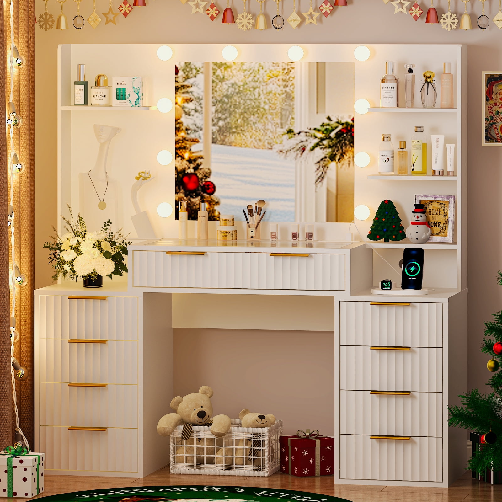 Ktaxon Large Makeup Vanity with 9 Drawers, Flutted Vanity Table Set