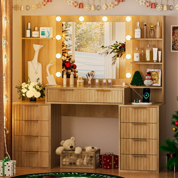 Ktaxon Large Makeup Vanity with 9 Drawers, Flutted Vanity Table Set with Lighted Mirror, Get Ready with Me, Wood Color