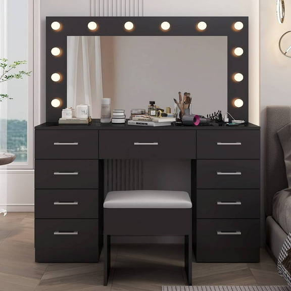 Ktaxon Large Makeup Vanity, Get Ready with Me GRWM Vanity Table Set w/ Visible Glass Top w/ Charging Station, Black