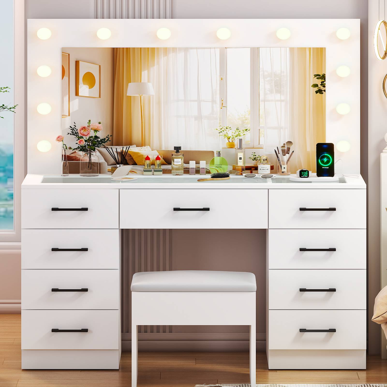 Walmart Saving of  Walmart Black Friday Deals 2025 Ktaxon Makeup Vanity Set, White Vanity Table with Glass Top, Mirror, Lights and Storage