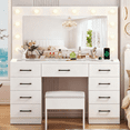 thumbnail interactive-video image 1 of Ktaxon Large Makeup Vanity, Get Ready with Me GRWM Vanity Table Set w/ Visible Glass Top w/ Charging Station, White, 1 of 8