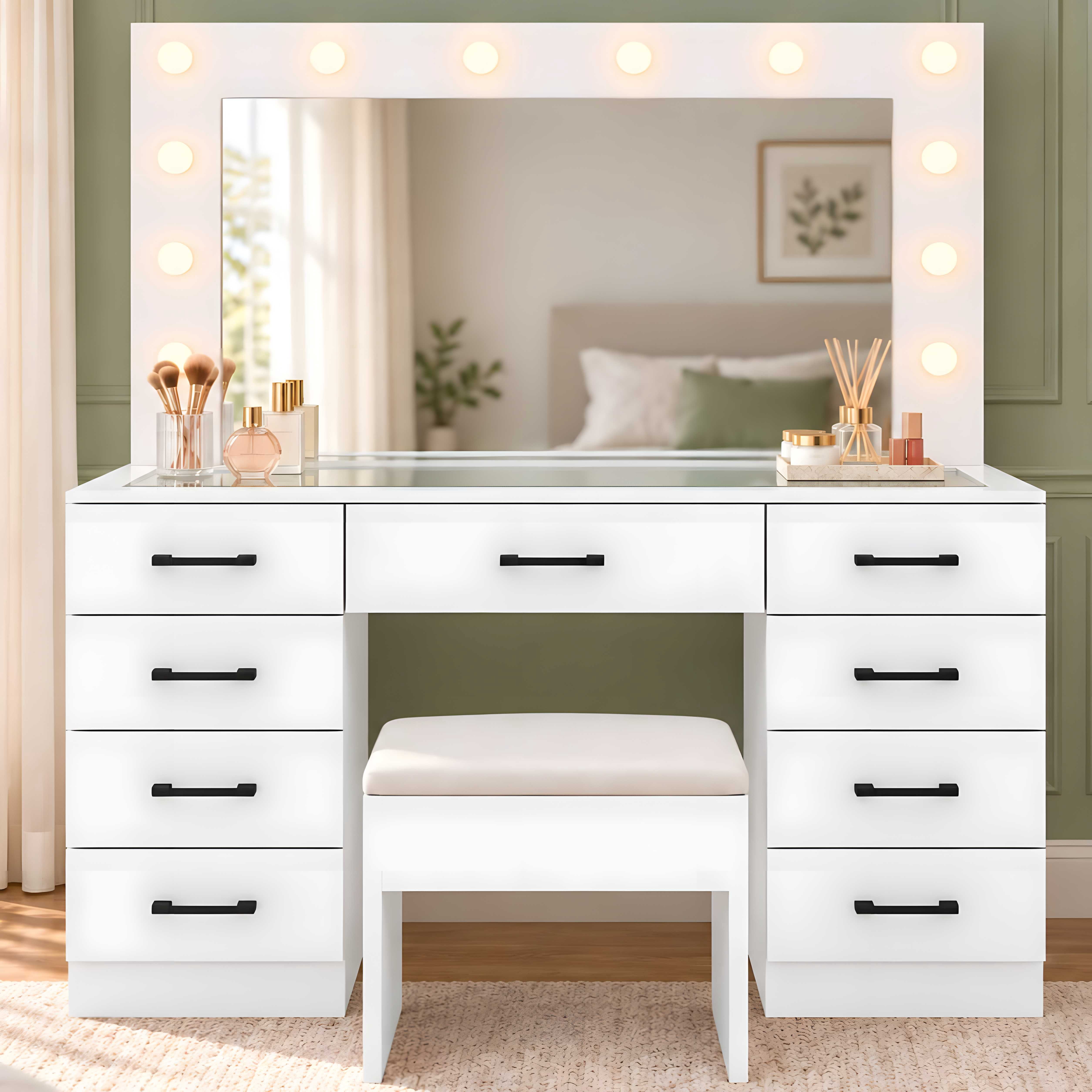 Ktaxon Large Makeup Vanity, Get Ready with Me GRWM Vanity Table Set w/ Visible Glass Top w/ Charging Station, White
