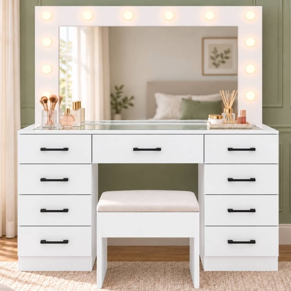 Ktaxon Large Makeup Vanity, Get Ready with Me GRWM Vanity Table Set w/ Visible Glass Top w/ Charging Station, White