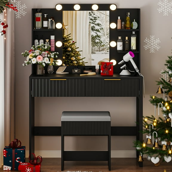 Ktaxon Lighted Makeup Vanity, Black Vanity Table Set with 2 Drawer and Charging Station, Femal Gift