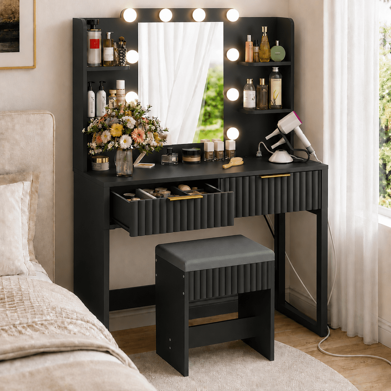 Ktaxon Lighted Makeup Vanity and Stool, Black Vanity Table Set with 2 Drawer and Charging Station, Femal Gift