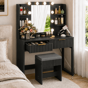 Ktaxon Lighted Makeup Vanity and Stool, Black Vanity Table Set with 2 Drawer and Charging Station, Femal Gift