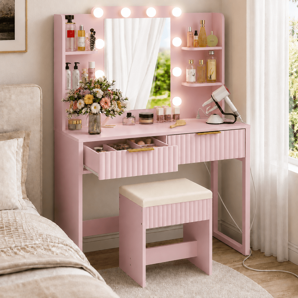 pink dressing table with mirror and stool 43"Makeup Vanity Set with Mirrored Drawers and Stool for Bedroom - Bed Bath  & Beyond