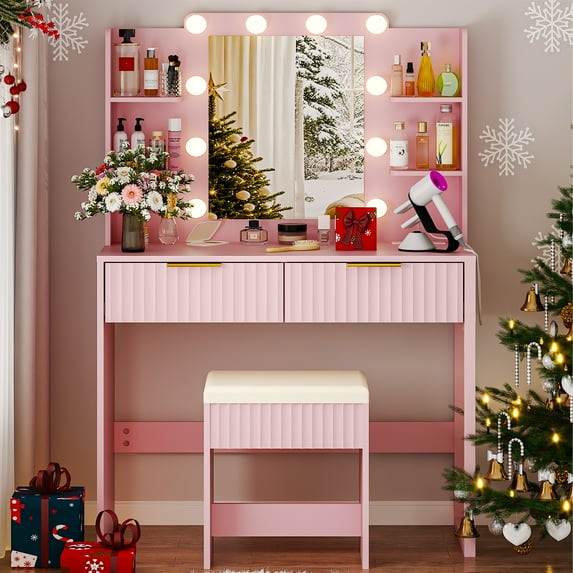 Ktaxon Lighted Makeup Vanity, Pink Vanity Table Set with 2 Drawer and Charging Station, Femal Gift