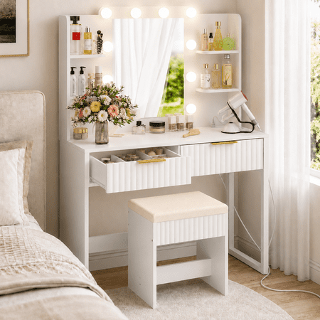 Ktaxon Lighted Makeup Vanity and Stool, White Vanity Table Set with 2 Drawer and Charging Station, Femal Gift