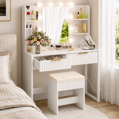 Ktaxon Lighted Makeup Vanity and Stool, White Vanity Table Set with 2 Drawer and Charging Station, Femal Gift