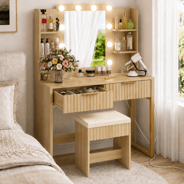 Ktaxon Lighted Makeup Vanity and Stool, Wood Color Vanity Table Set with 2 Drawer and Charging Station, Femal Gift