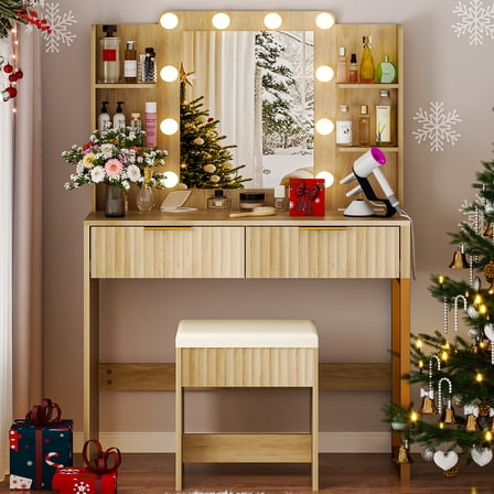 Ktaxon Lighted Makeup Vanity, Wood Color Vanity Table Set with 2 Drawer and Charging Station, Femal Gift