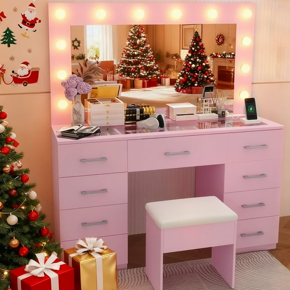 Ktaxon Large Makeup Vanity, Get Ready with Me GRWM Vanity Table Set W/ Visible Glass Top & Charging Station, Light Pink