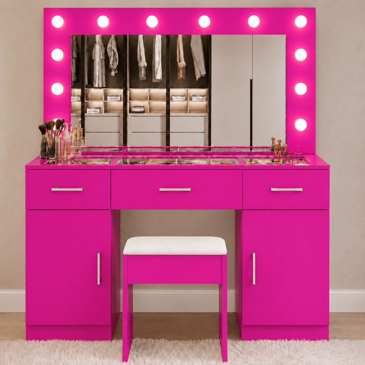 Ktaxon Large Makeup Vanity, Get Ready with Me GRWM Vanity Table Set w/ Visible Glass Top and Charging Station, Pink