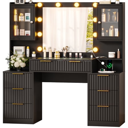 Ktaxon Large Makeup Vanity with 7 Drawers, Flutted Vanity Table Set with Lighted Mirror, Get Ready with Me, Black