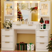 Ktaxon Large Makeup Vanity with 7 Drawers, Flutted Vanity Table Set with Lighted Mirror, Get Ready with Me, White