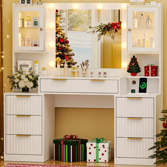 Ktaxon Large Makeup Vanity with 7 Drawers, Flutted Vanity Table Set with Lighted Mirror, Get Ready with Me, White
