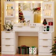 Ktaxon Large Makeup Vanity with 7 Drawers, Flutted Vanity Table Set with Lighted Mirror, Get Ready with Me, White