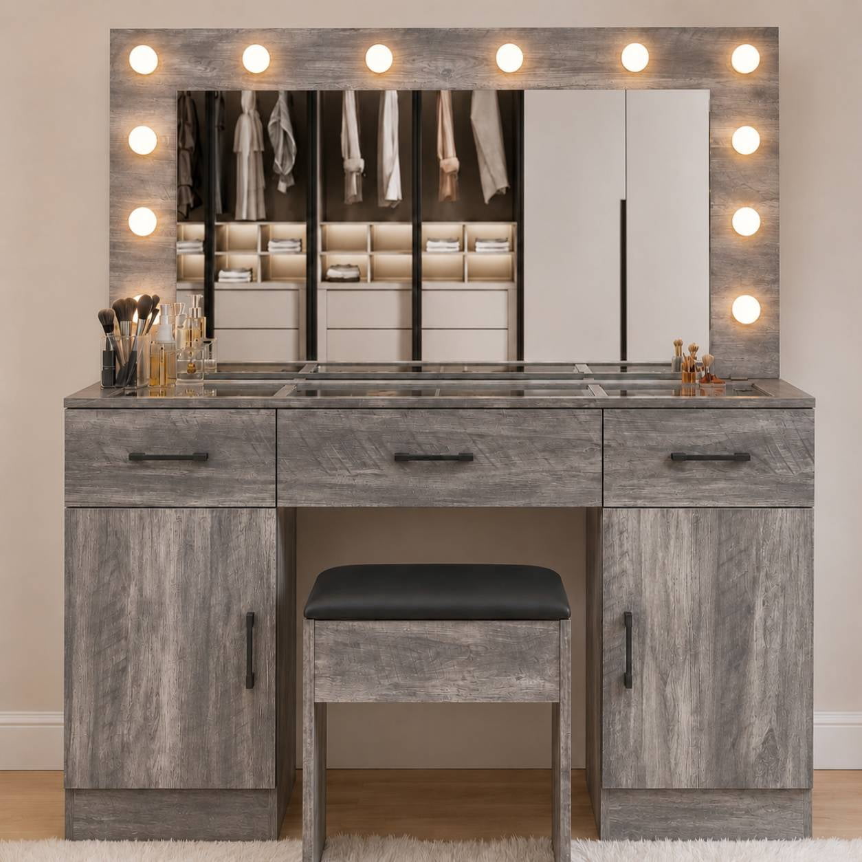 Ktaxon Large Makeup Vanity, Get Ready with Me GRWM Vanity Table Set w/ Visible Glass Top w/ Charging Station, Gray