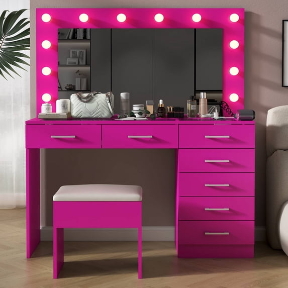 Ktaxon Large Makeup Vanity, Get Ready with Me GRWM Vanity Table Set w/ Visible Glass Top w/ Charging Station, Pink