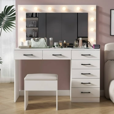 Ktaxon Large Makeup Vanity, Vanity Table Set w/ Visible Glass Top w/ Charging Station, for Girls and Women, White