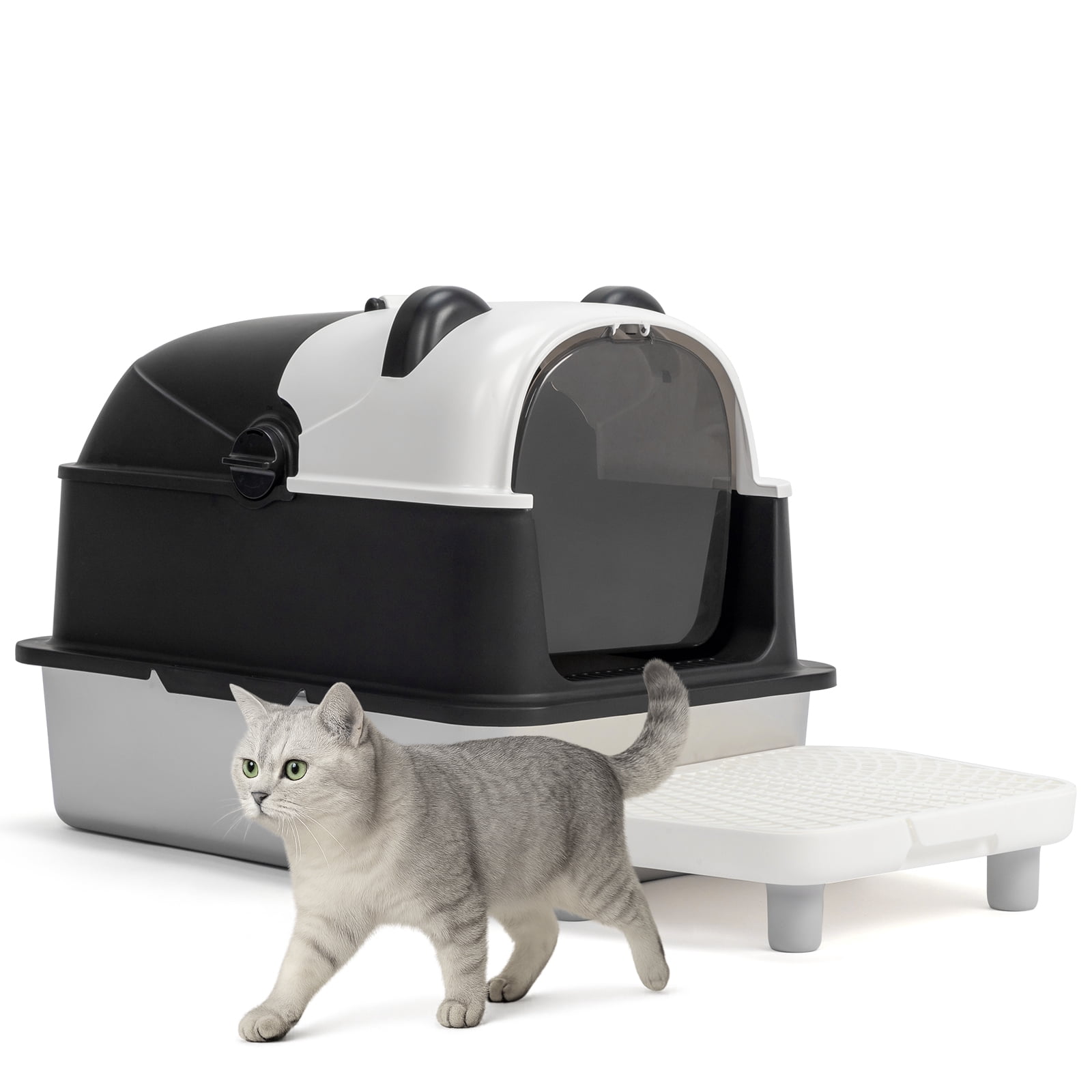 Ktaxon Large Panda Cat Litter Box 60x40x46cm with Stainless Steel Top, ABS Scoop & Mat, Snap Assembly, Black White