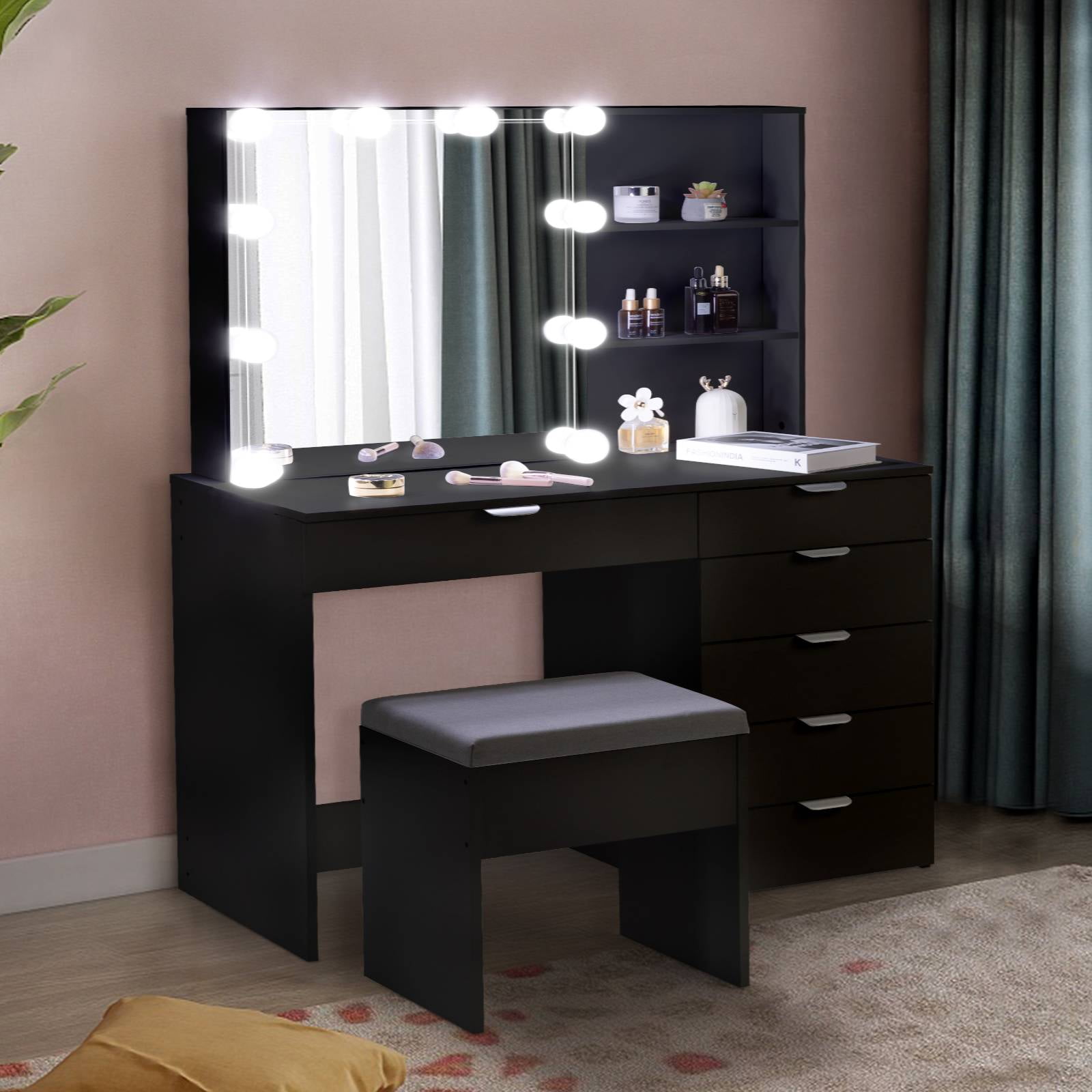 Ktaxon Large Vanity Set Makeup Vanity Dressing Table with Sliding Lighted Mirror 6 Drawers Shelves Dresser Desk and Cushioned Stool Set Black