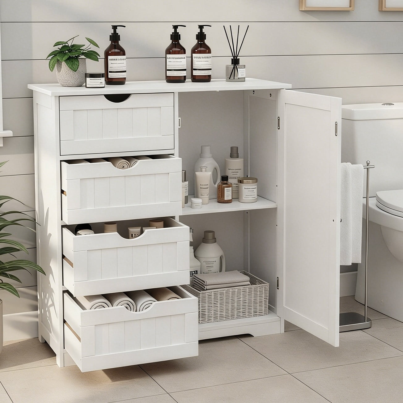 Ktaxon Larger Wooden Bathroom Floor Cabinet, Side Storage Organizer with 4 Drawers, 1 Cupboard & 2-Shelves, White
