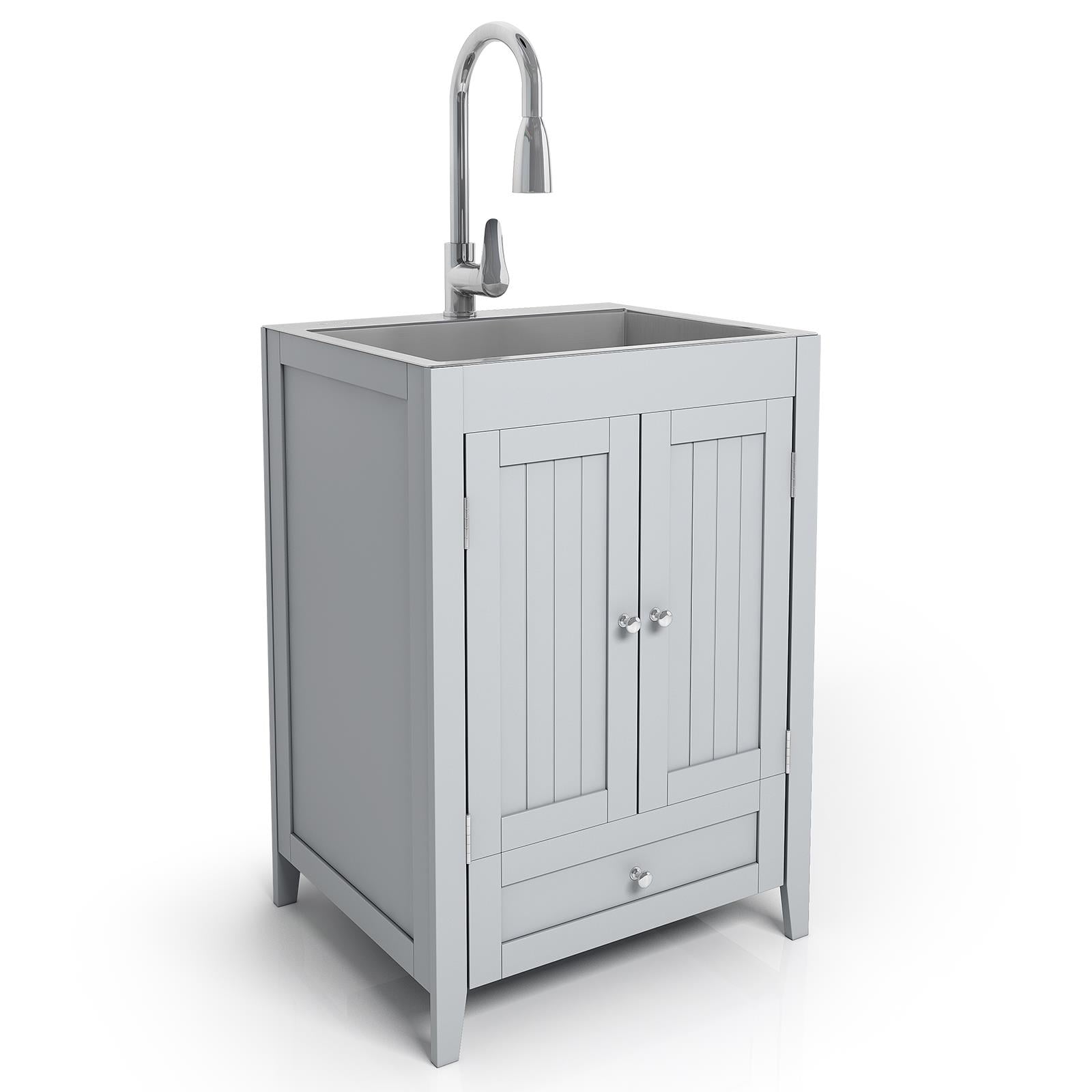 Gray Freestanding Stainless Steel Utility Sink with Cabinet and Drawer