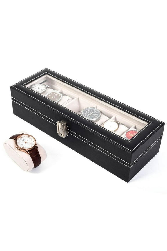 Leather 6 Slots Wrist Watch Storage Box Holder Organizer Case