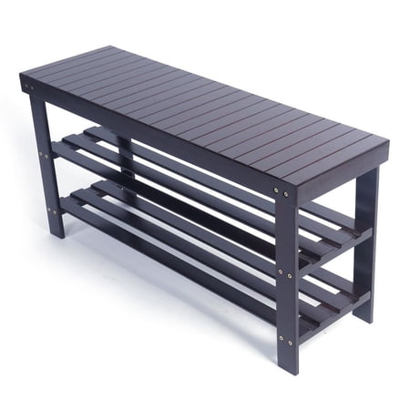 Ktaxon Lengthen Bamboo Entryway Storage Bench Hallway Shoe Bench with 3-Tier Shoe Shelf Rack Storage Organizer 35.5" L x 11"W x 17.7"H